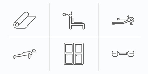 gym and fitness outline icons set. thin line icons such as mat for fitness, simulator for press, rowing hine, push up, locker, little dumbbell vector.