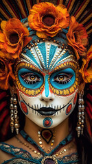 A close up of a person with a face paint. AI generative. Day of the Dead traditional costumes and makeup