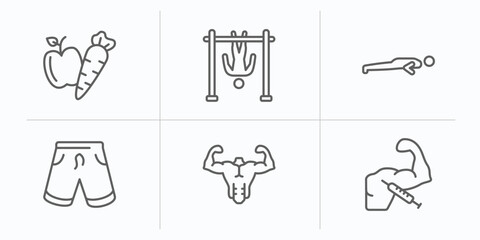 gym and fitness outline icons set. thin line icons such as carrot and, bar exercising, pushups exercises, fitness shorts, bodybuilder, steroids vector.