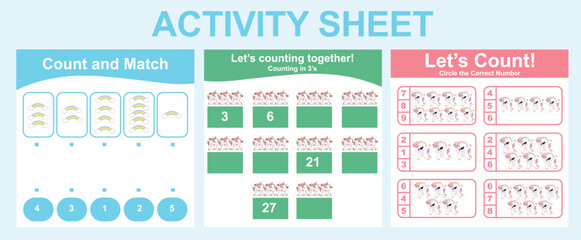 Activity sheet for children. 3 in 1 Educational printable worksheet. Mathematic worksheet for kids. Count and write activity for kids. Vector illustrations.