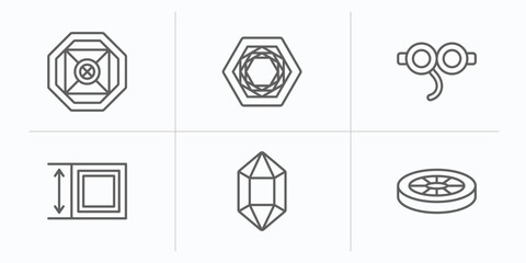 geometry outline icons set. thin line icons such as ennegon, polygonal hexagon, off, dimension, polygonal jewel, disk vector.