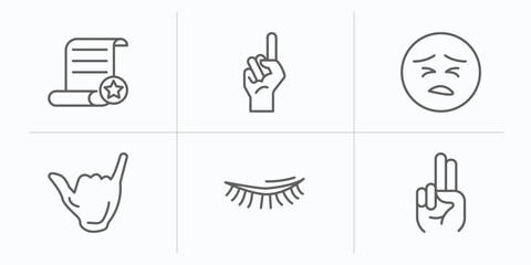 gestures outline icons set. thin line icons such as decree, finger up, sad face, surfing, eyelid, two fingers up vector.