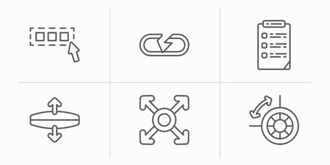 geometry outline icons set. thin line icons such as select all, break, properties, stretch, extend, dimensions vector.