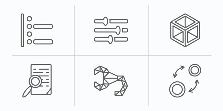 geometry outline icons set. thin line icons such as right align, adjust, 3d cube, preview, polygonal scorpion, insert vector.