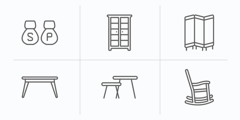 furniture & household outline icons set. thin line icons such as salt and pepper shakers, armoire, room divider, table, coffee table, rocking chair vector.