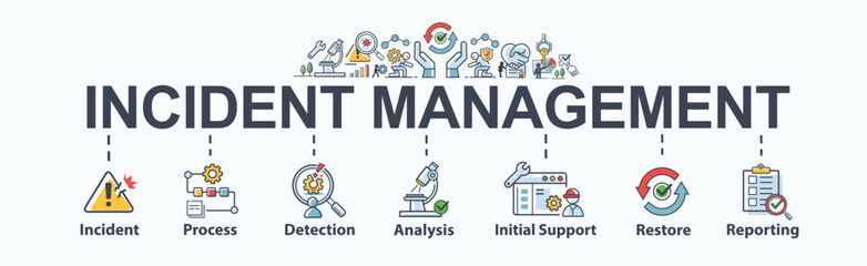 Incident management banner web icon for business management, incident, process, detection, analysis, initial support, restore, and report. Minimal vector infographic.