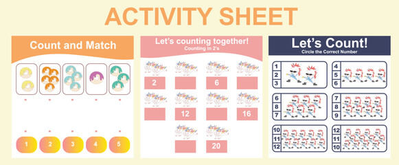 Activity sheet for children. 3 in 1 Educational printable worksheet. Mathematic worksheet for kids. Count and write activity for kids. Vector illustrations.