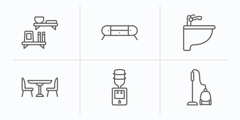 furniture & household outline icons set. thin line icons such as wall shelves, furniture, bidet, dinner table, water dispenser, carpet sweeper vector.
