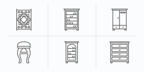 furniture outline icons set. thin line icons such as carpet, shelves, wardrobe, stool, bookcase, dresser vector.