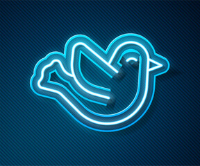 Glowing neon line Dove icon isolated on blue background. Vector
