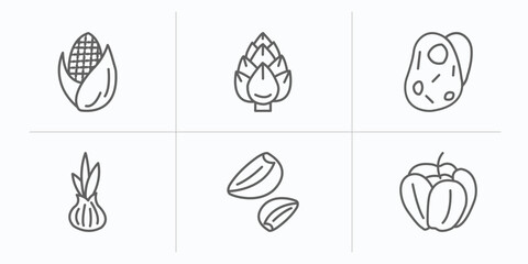 fruits and vegetables outline icons set. thin line icons such as corn, artichoke, potatoes, onion, garlic, paprika vector.