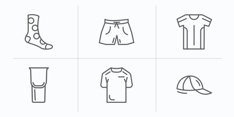 football outline icons set. thin line icons such as socks, shorts, soccer jersey, tumbler, tshirt, hat vector.