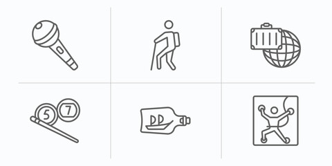 free time outline icons set. thin line icons such as karaoke, trekking, traveling, billiard, ship in a bottle, climbing vector.