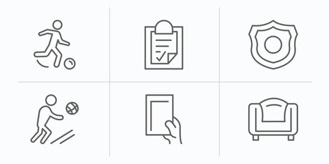 football outline icons set. thin line icons such as soccer player, plan, badge, player, red card, seats vector.