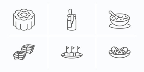 food and restaurant outline icons set. thin line icons such as moon cake, dulce de leche, sour soup, dongpo pork, maria mole, braised abalone vector.