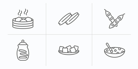 food and restaurant outline icons set. thin line icons such as xiao long bao, youtiao, soya, cookies jar, tofu, tong sui vector.