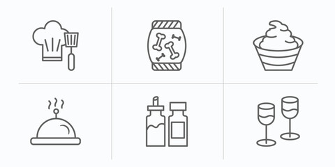 food outline icons set. thin line icons such as chef cooking on stove, treats, mayonnaise, hotel service, condiments, stemware vector.