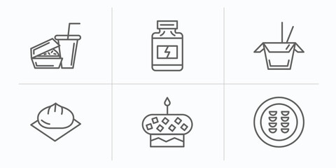 food outline icons set. thin line icons such as hamburger and drink, protein container, chinese food box, wonton, cake with one candle, guotie vector.