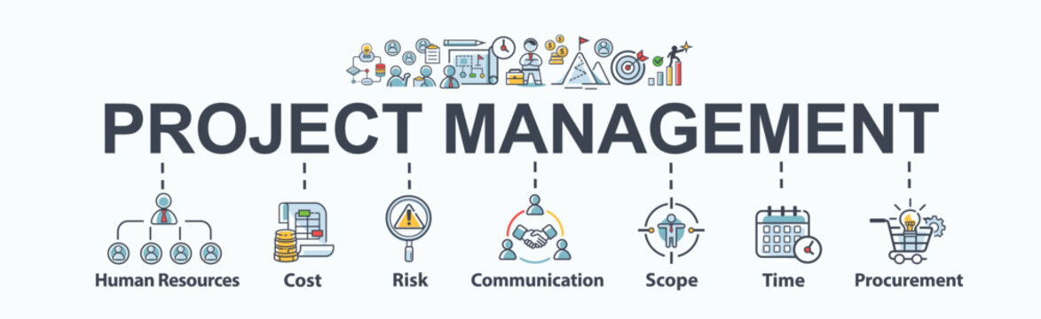 Project management banner web icon for business, human resources, cost, risk, scope, cost, communication, time and procurement. Minimal cartoon vector infographic.