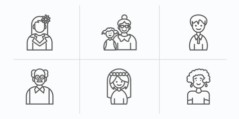 family relations outline icons set. thin line icons such as cousin, grandson, nephew, grandfather, wife, aunt vector.
