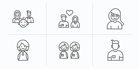 family relations outline icons set. thin line icons such as parent, girlfriend, daughter, niece, twin, brother vector.