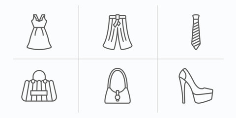 fashion outline icons set. thin line icons such as outfit, hakama, stripped tie, fashion bag, handbag elegant de, heel vector.