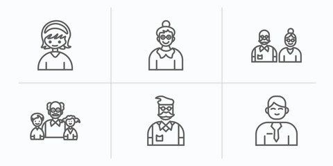 family relations outline icons set. thin line icons such as sister, grandmother, grandparents, grandchild, father-in-law, husband vector.