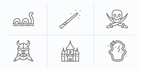fairy tale outline icons set. thin line icons such as loch ness monster, magic wand, jolly roger, dwarf, palace, magic mirror vector.