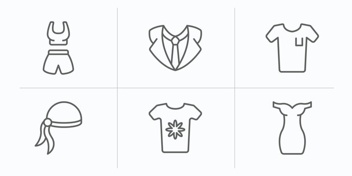 fashion outline icons set. thin line icons such as gym clothes, suit with bow tie, white t shirt, pirate scarf, t shirt with flowers, tinge vector.