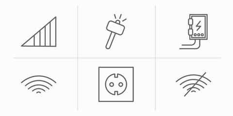 electrian connections outline icons set. thin line icons such as medium, hammer, fuse box, , socket, no vector.