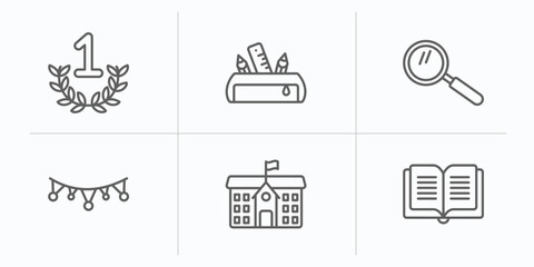 education outline icons set. thin line icons such as proud, pencil case, magnifying glass, garland, school, dictionary vector.