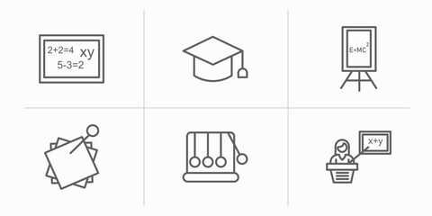 education outline icons set. thin line icons such as math class, graduate cap, relativity formulae, sticky note, newton cradle, teacher giving lecture vector.