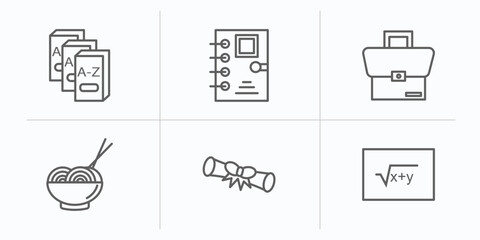 education outline icons set. thin line icons such as three books, school agenda, case, mie, diploma roll, square root in class vector.