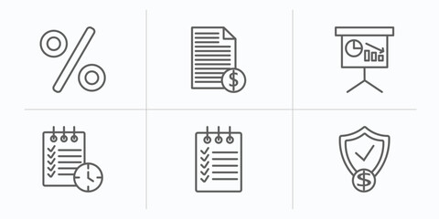 e commerce and payment outline icons set. thin line icons such as percent, bills, financial presentation, waiting list, shopping list, guaranty shield vector.