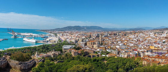 Panoramic aerial view with Porto of Malaga, Cathedral and Alcazaba - Malaga, Andalusia, Spain - obrazy, fototapety, plakaty
