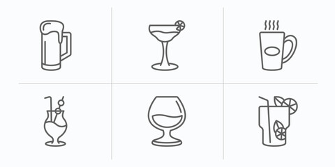 drinks outline icons set. thin line icons such as beer mug, cosmopolitan, boiling, mai thai, armagnac, mojito vector.