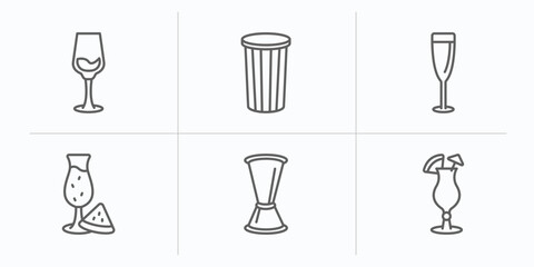 drinks outline icons set. thin line icons such as glass with wine, paper cup, glass of wine, watermelon juice, jigger, mai tai vector.