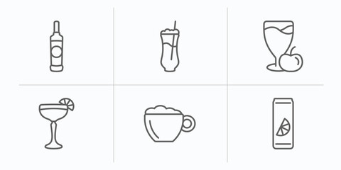 drinks outline icons set. thin line icons such as vodka, ramos gin fizz, juice, daiquiri, cappuccino, soda can vector.