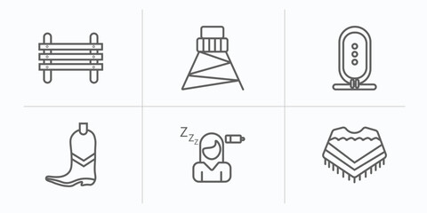 desert outline icons set. thin line icons such as paddock, cowboy tower, hiero, far west boot, fatigue, poncho vector.