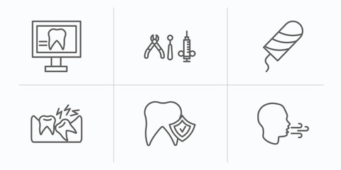 dentist outline icons set. thin line icons such as dental monitor, dental hook, tampon, wisdom tooth, prophylaxis, breath vector.