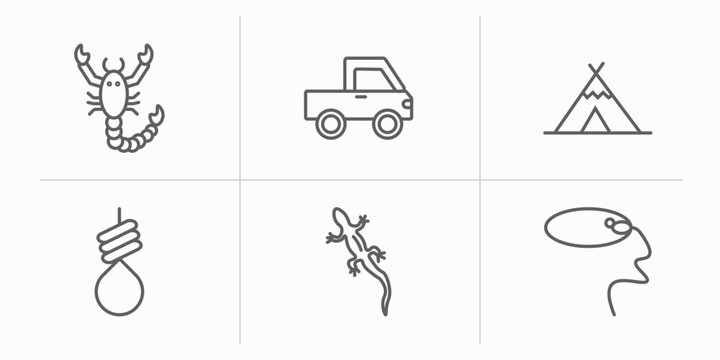 desert outline icons set. thin line icons such as scorpion, pick up, wigwam, noose, lizard, lasso vector.