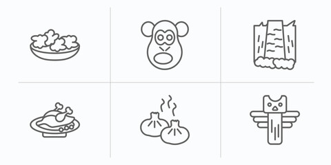 culture outline icons set. thin line icons such as onion patties, chimp face of brazil, maletsunyane, beijing roast duck, steamed bread, native american totem vector.