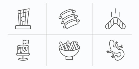 culture outline icons set. thin line icons such as kankles, pork ribs, australian boomerang, cake with a flag, beef and garlic, gecko top view shape vector.