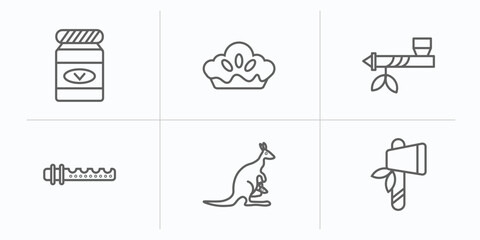culture outline icons set. thin line icons such as vegemite, meat pie, pipe of peace, native american flute, australian kangaroo, native american axes vector.