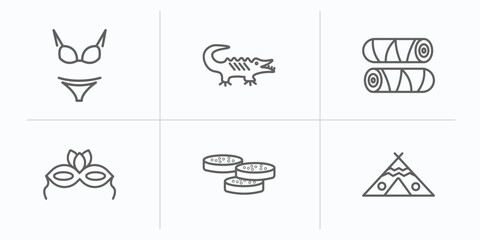 culture outline icons set. thin line icons such as female bikini piece, australian alligator, egg roll, brazil carnival mask, mantecados, native american wigwam vector. © IconArt