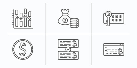 cryptocurrency outline icons set. thin line icons such as stocks, funds, bitcoin encryption, dollar, crypto records, programming vector.