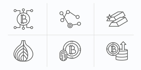 cryptocurrency outline icons set. thin line icons such as blockchain, node, gold, tor, , crypto invest vector.