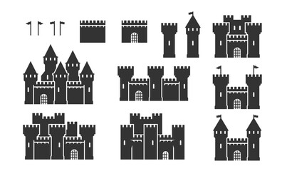 Vector Medieval Castles Set In Glyph Style - obrazy, fototapety, plakaty