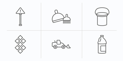 construction tools outline icons set. thin line icons such as warning, dustpan and brush, bucket, tiles, loader, gallon oil vector.