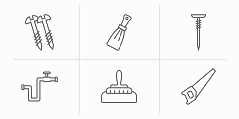 construction tools outline icons set. thin line icons such as screws, scratcher tool, nail, gas pipe, construction works, saw vector.